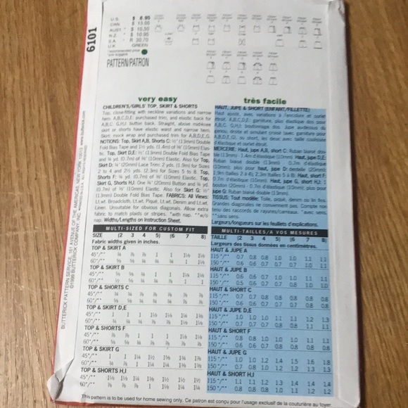 Vintage sewing pattern Butterick 6101 little girls top skirt and shorts - Picture 4 of 4